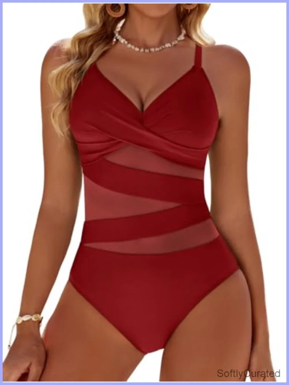 Push Up One Piece Swimsuits Tummy Control Mesh V Neck Swimwear